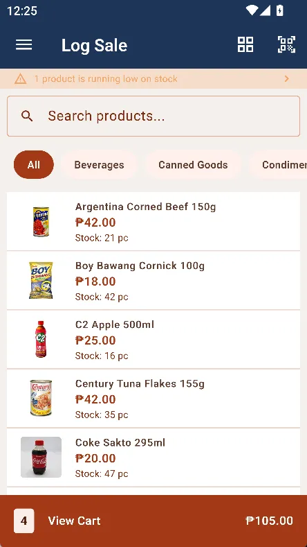 Benta phone POS — product list with PH brands and a running cart