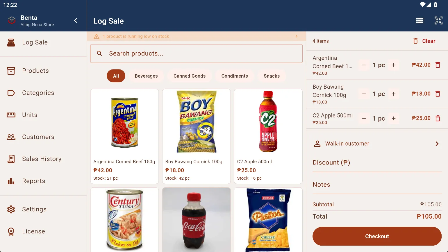 Benta tablet split-view — products on the left, cart on the right